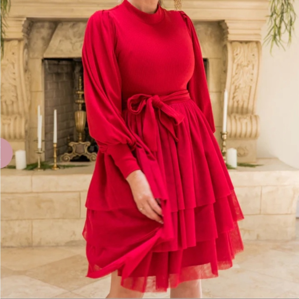Ivy City NWT red long sleeves tulle mini dress M
